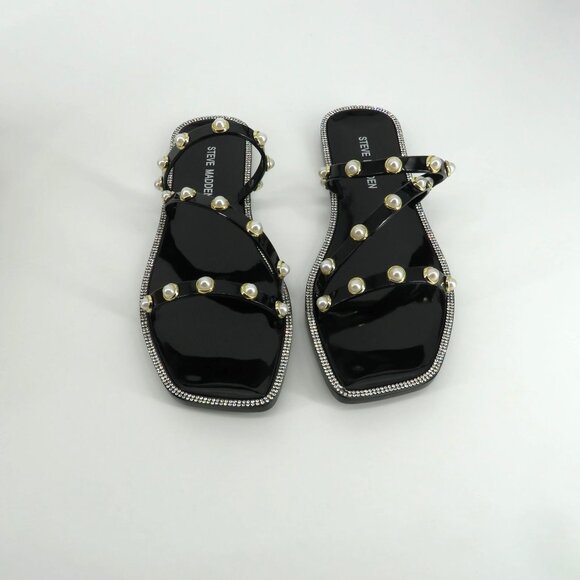 Steve Madden Black Pearl Embellished Rhinestone Strappy Slide Sandals 10 New - Picture 1 of 6